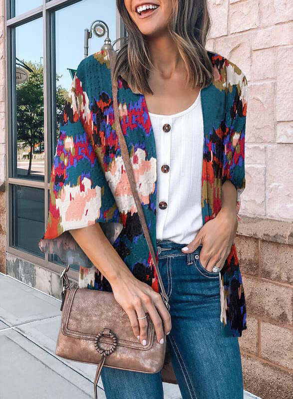 Women's Top: Fashionable Flower Print Shirt Jacket