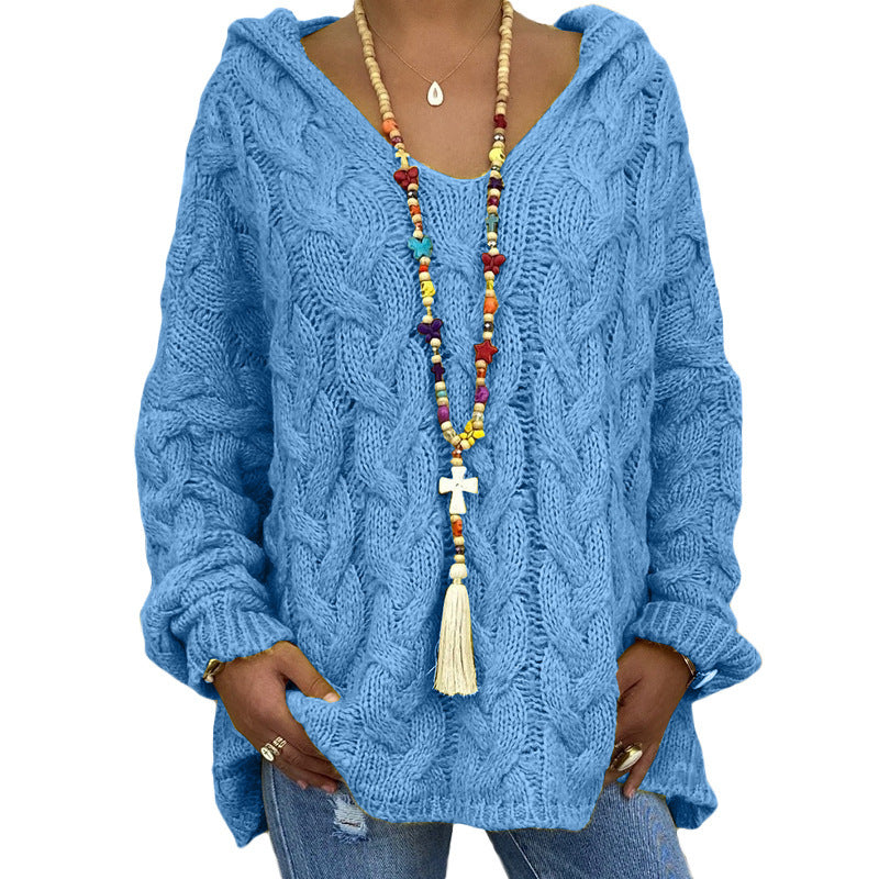 Women's Twist Knitted Hoodie Sweater Solid Color for a Cozy and Stylish Look