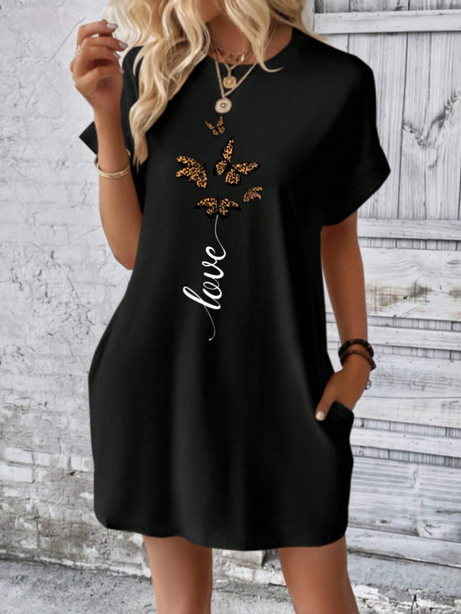 Butterfly and Letter Pattern Batwing Sleeve T-Shirt Dress