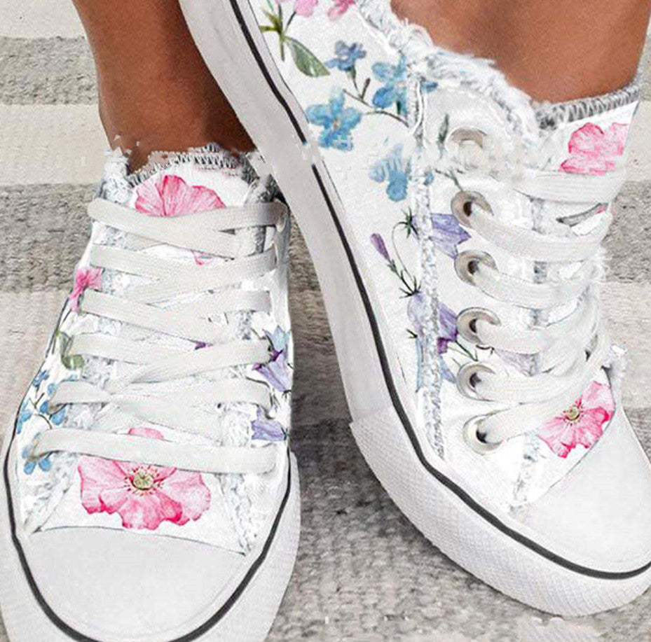 White Floral Canvas Shoes for Women in Large Sizes