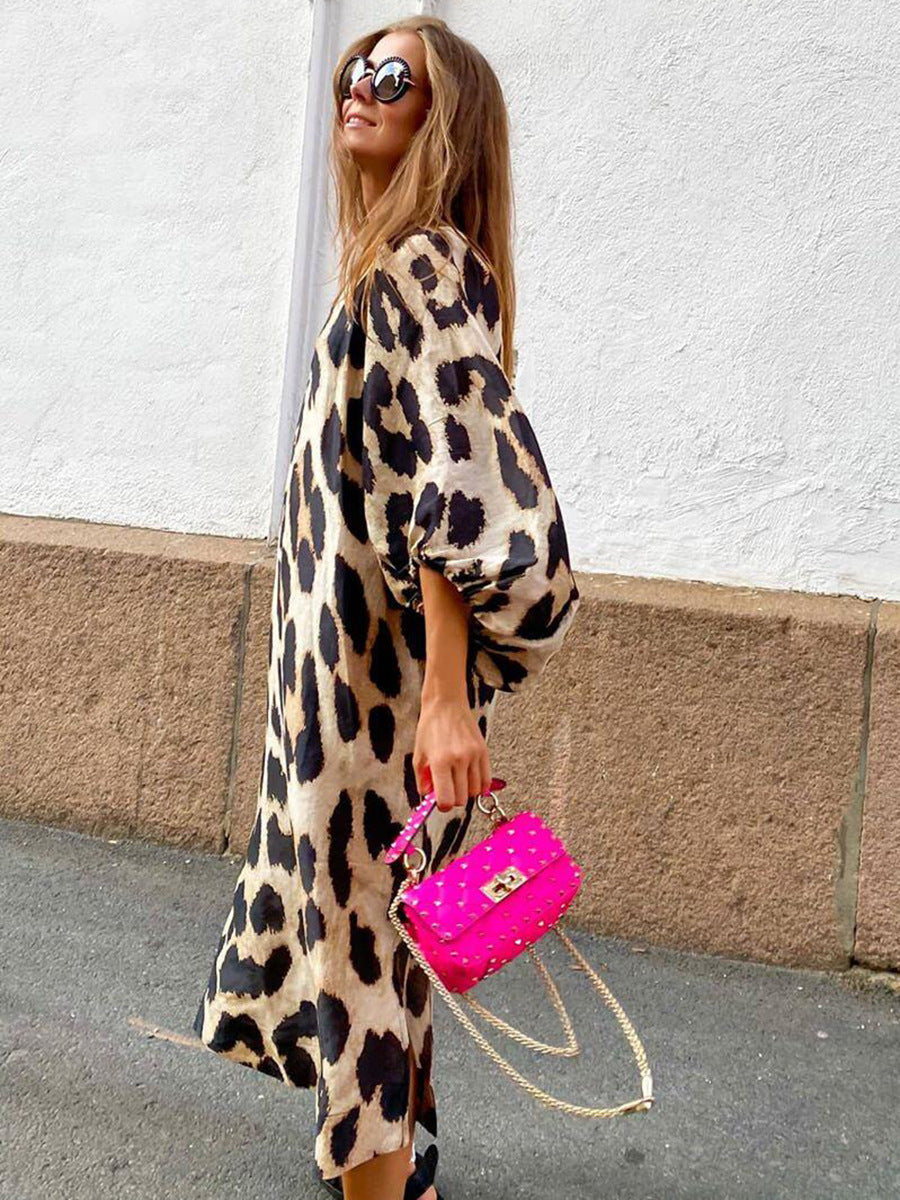 Leopard Print Loose Lantern Sleeve Dress