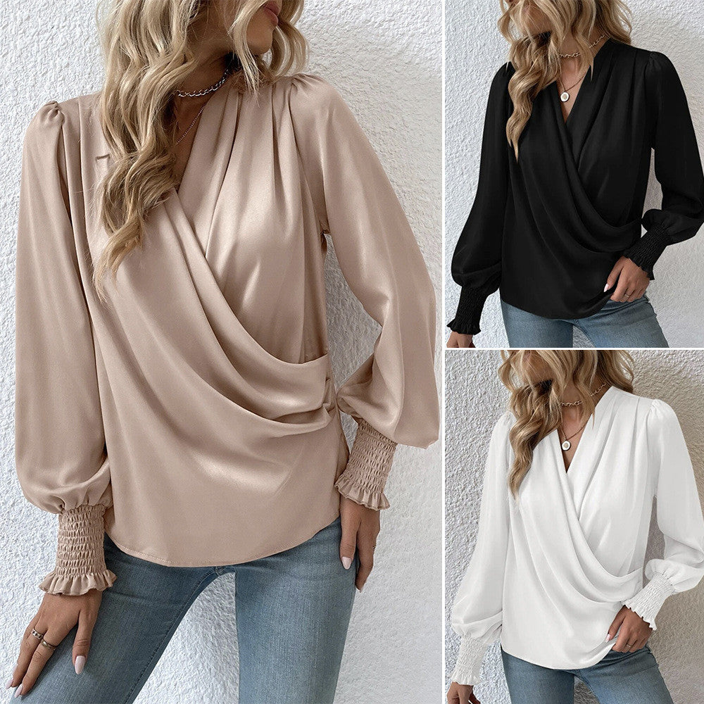 Elegant Women's V-Neck Shirt with Lantern Sleeve Style