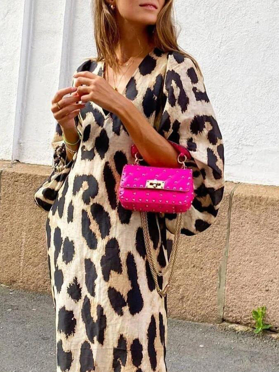 Leopard Print Loose Lantern Sleeve Dress