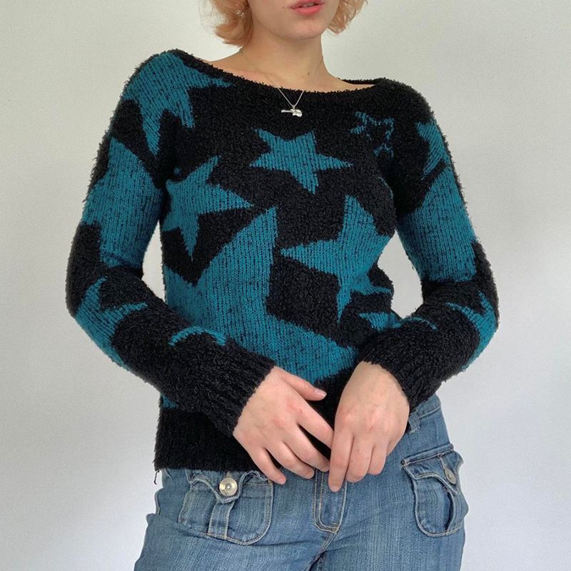 Women's Color Contrast Star Long-Sleeved Sweater