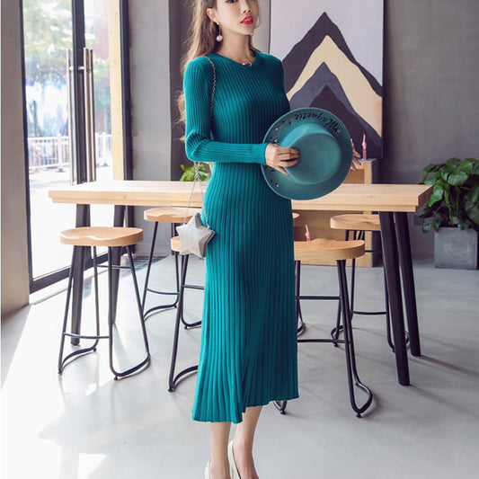 Round Neck Knitted Long Sleeve A- Line Dress Winter Warm Skirt