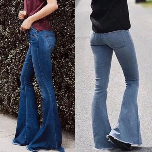 Fashionable Slim-Fit Flared Jeans with Tassel Detail for Women