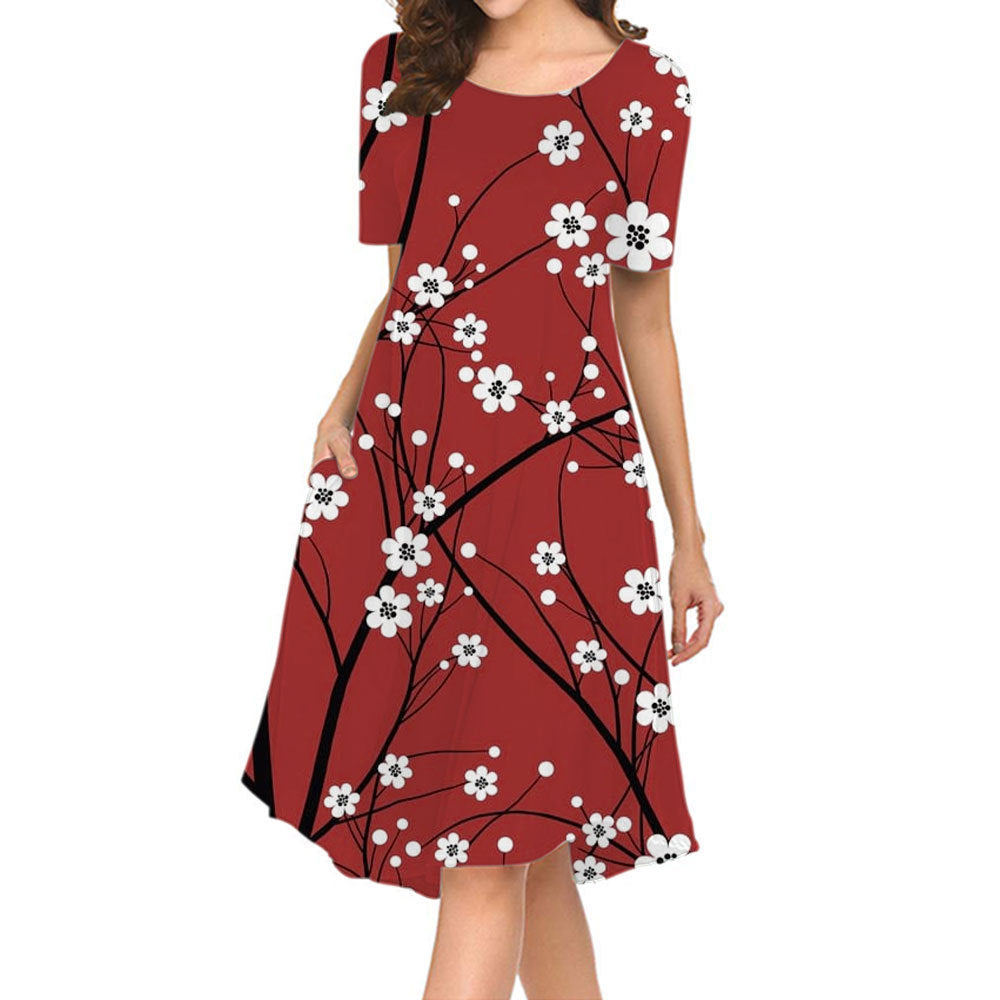 Elegant Chinese-Style Loose Round Neck Dress with Graceful 3D Digital Printing