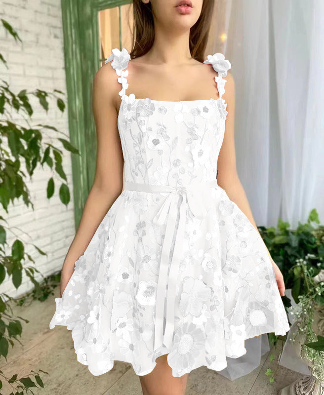 Women's Sweet A-line Suspender Dress with Three-dimensional Flower Embroidery