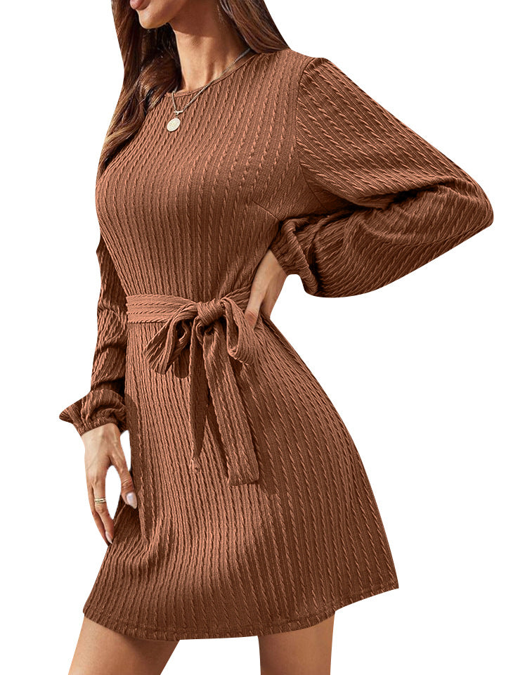 European And American Belt Long Sleeve Twist Knitted Dress Puff Sleeve