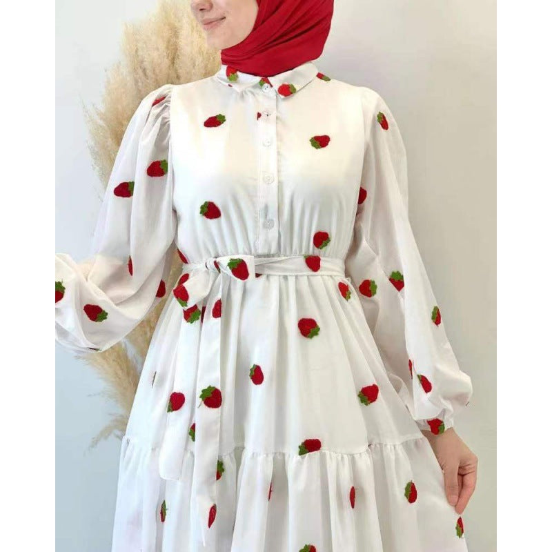 Fruit Printed Long Sleeve Waist-tight Middle East Dress