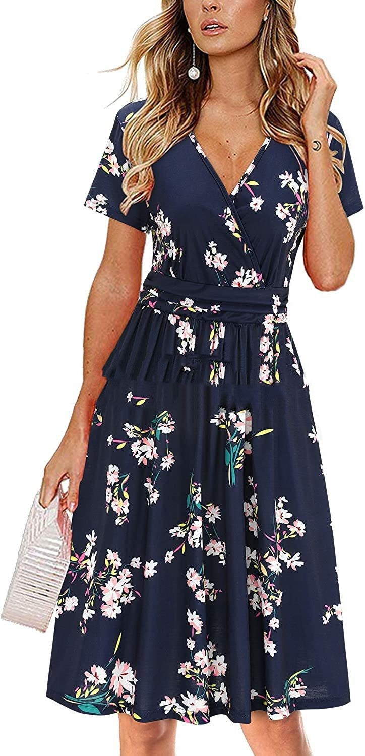 Printed V-neck Wrapped Chest Short Sleeve Pocket Midi Dress