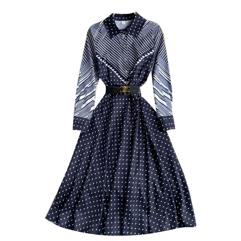 Chic Mid-Length Retro Dress Color-Blocking and Striped Print Slim Fit