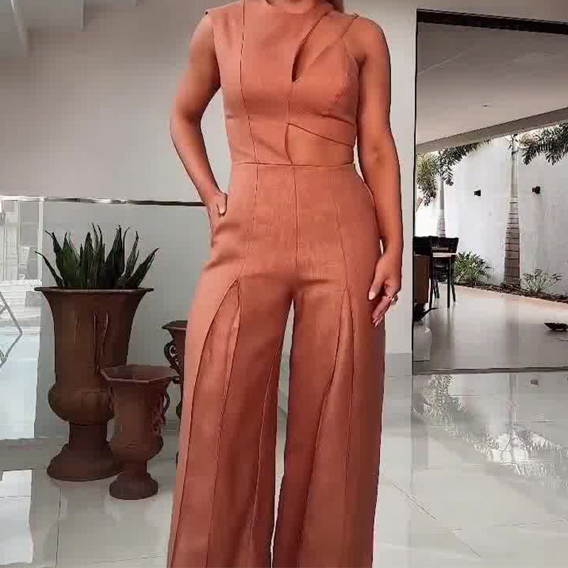 Round-Neck Hollow Out Wide Leg Jumpsuit with High Waist, Solid Color: Fashionable