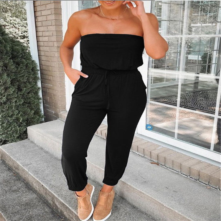 Women's Fashion Casual Off-neck Solid Color Jumpsuit