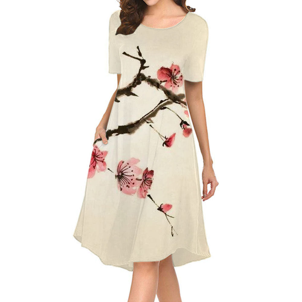 Elegant Chinese-Style Loose Round Neck Dress with Graceful 3D Digital Printing
