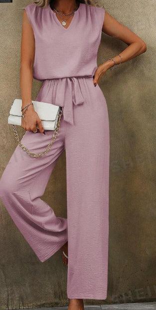 Women's Solid Sleeveless Notch Neck Top and Belted Long Pants Set