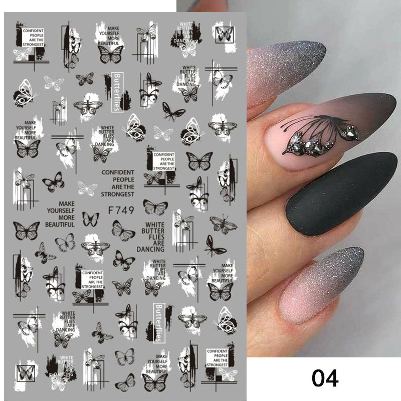 Nail Sticker New Alphanumeric All Black And White Butterfly