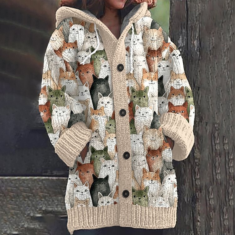 Casual Hooded Cape Coat with Halloween Animal Print