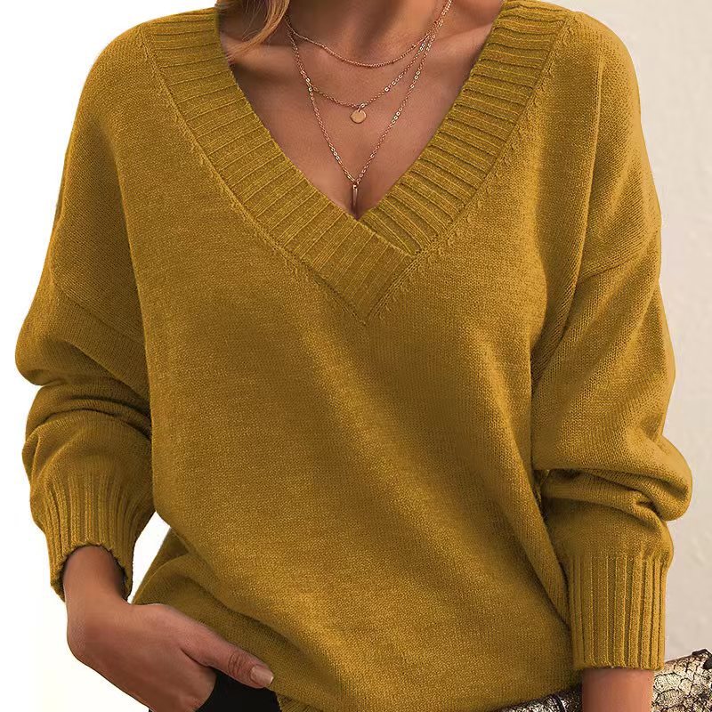 New Knitted Loose V-neck Pullover Top for Women