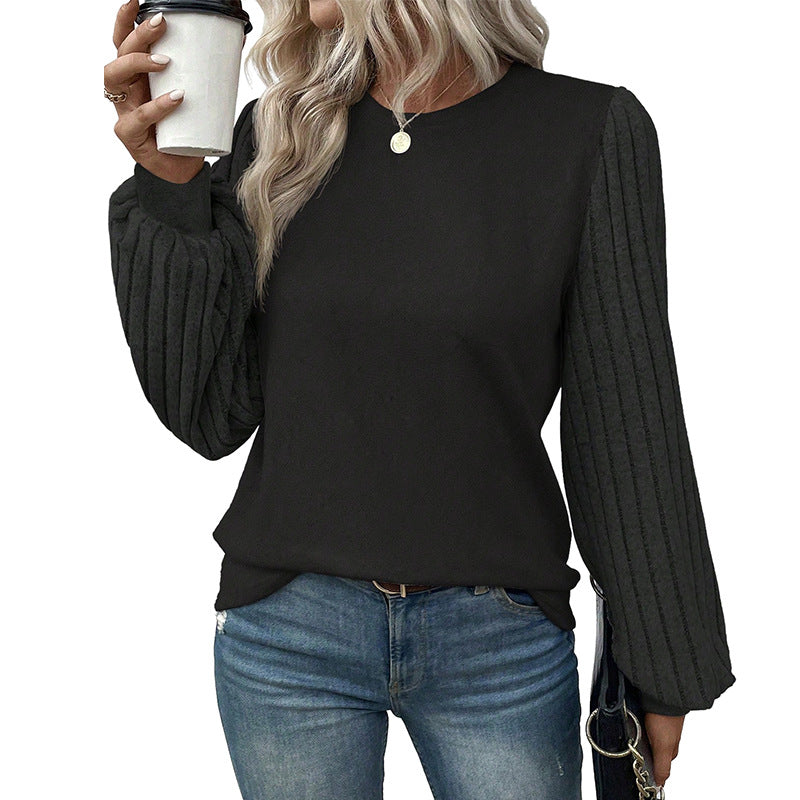 New Solid Color Simple T-shirt Female Spring Thread Sunken Stripe Long Sleeve Pullover Top