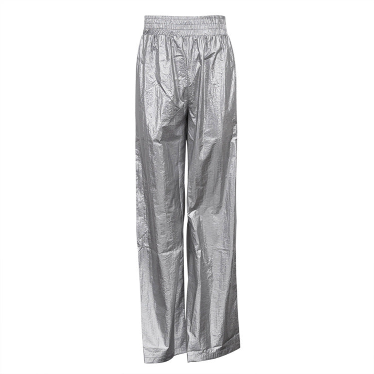 Slimming Wide Leg Pants with Elastic Waist, Silver Color