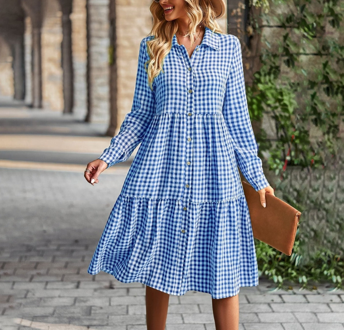 Casual Plaid Dress with a Wide Hem and Long Sleeves