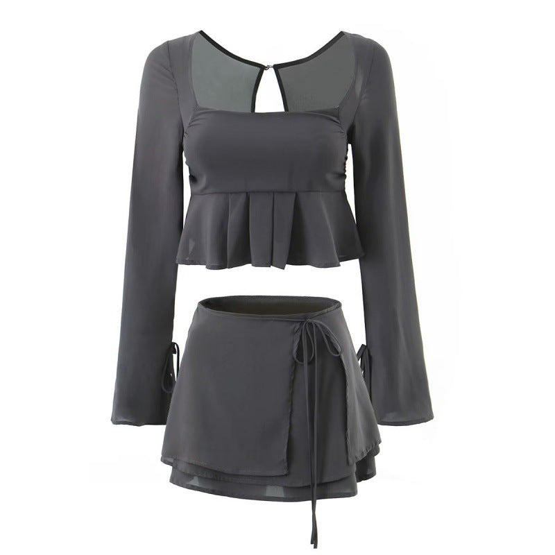 Women's Suit with Flare Sleeve Ruffles Shirt and Lace-Up Skirt
