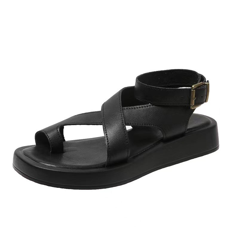 Women's Casual Thick-Soled Clip Toe Sandals Beach Shoes with Round Toe and Back Buckle Strap