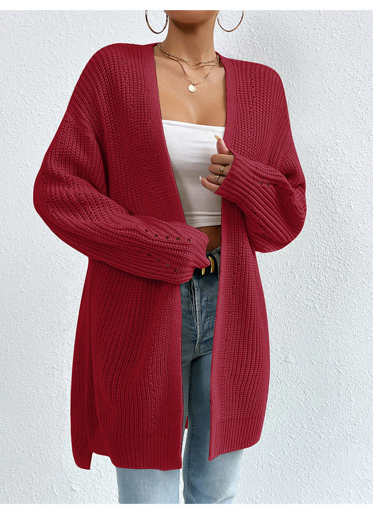 Solid Color Loose Medium Length Knitted Cardigan Sweater Jacket