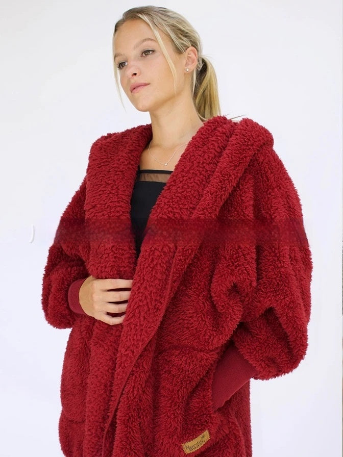 Furry Hooded Cardigan Coat for Women with Pocket Design