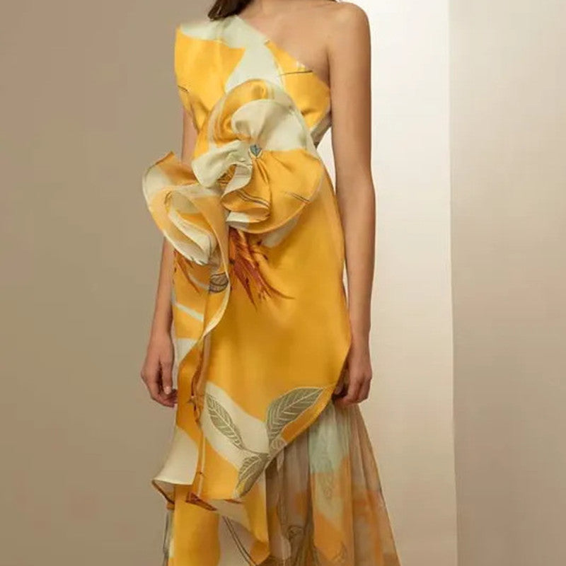 Retro Sloping Shoulder Dress for Women Waist-Controlled Design Printed Pattern