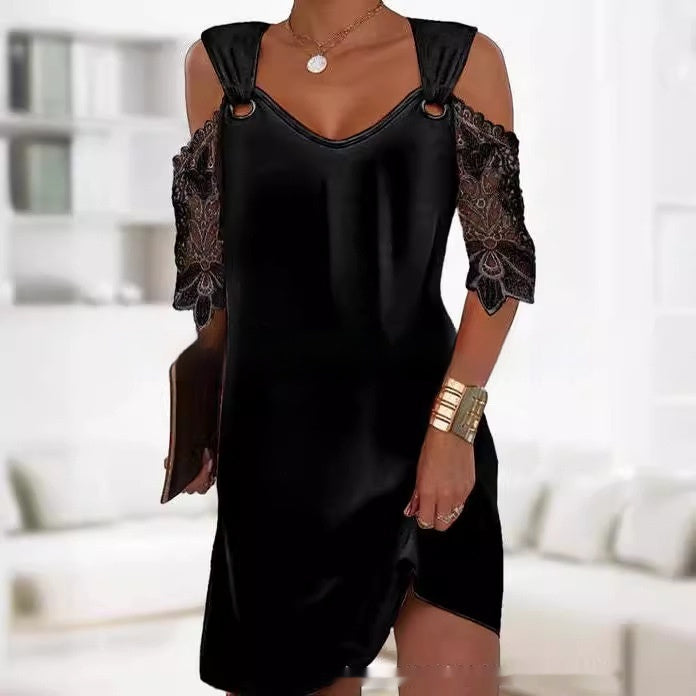 Loose V-Neck Dress with Lace Sleeve and Strap Detail