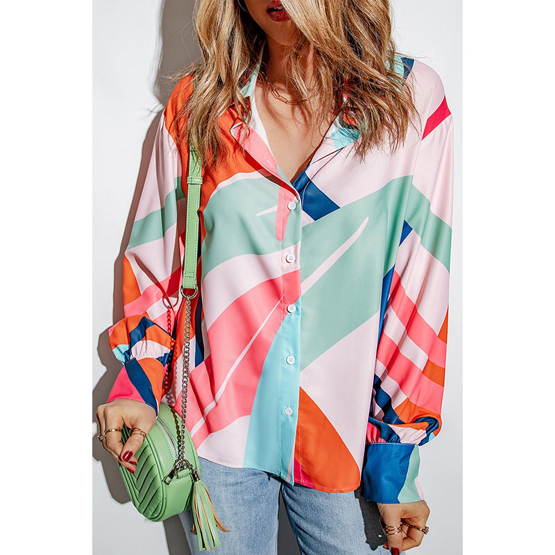 Printing Color Contrast Thin Long-sleeved Top For Women