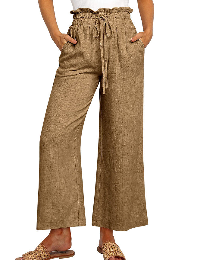 Solid Color Cropped Pants with Elastic Waistband and Lace-Up Wide Legs