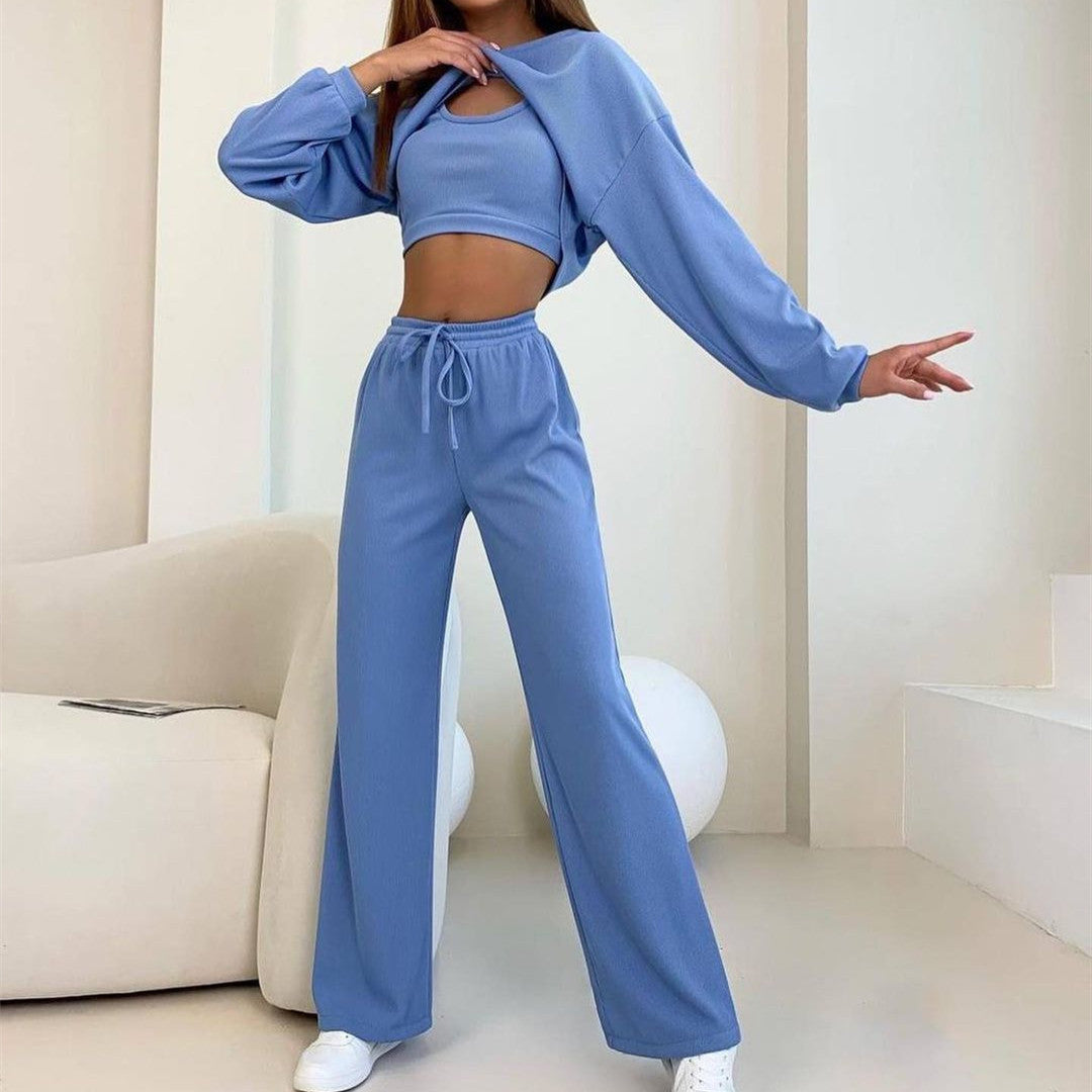 Women's Fashion Round Neck Short Long-Sleeved Top and Trousers Suit