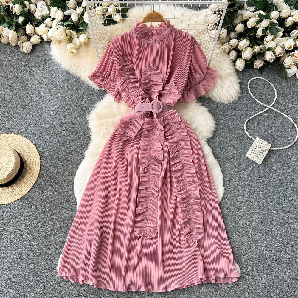 Pleated Ruffled Dress with Waist-Slimming Long Sleeves