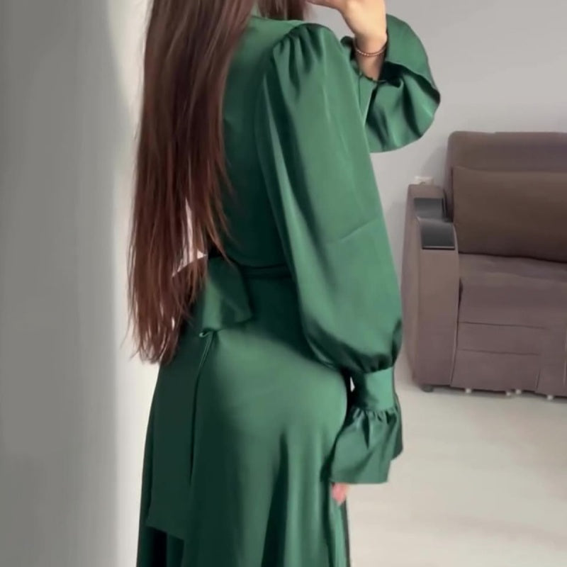 Autumn Long Sleeve Waist Puff Sleeve Green Dress