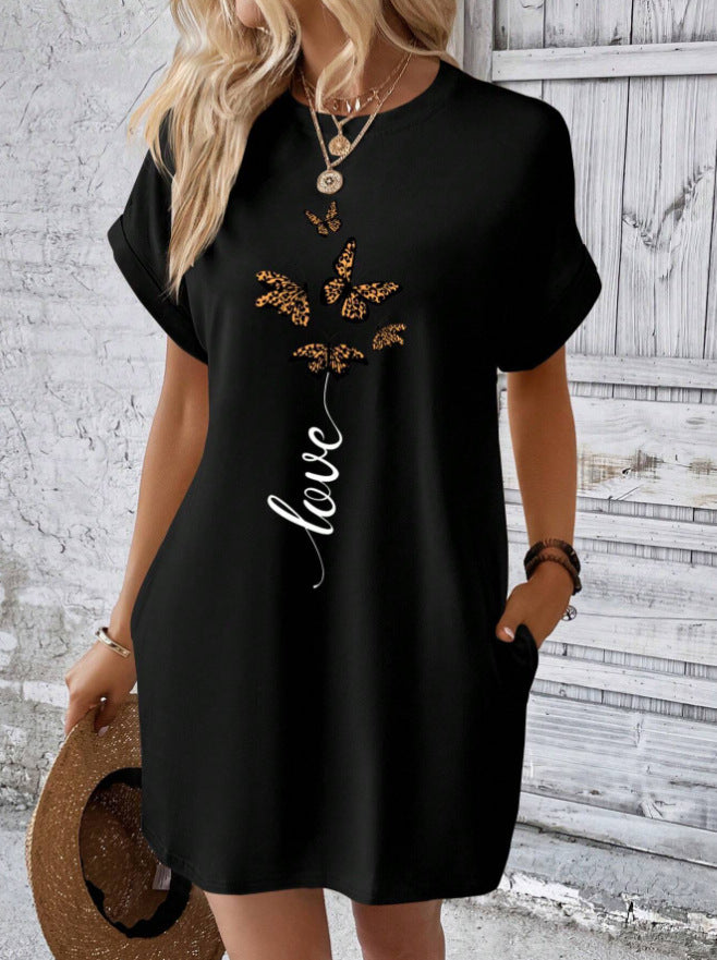 Butterfly and Letter Pattern Batwing Sleeve T-Shirt Dress