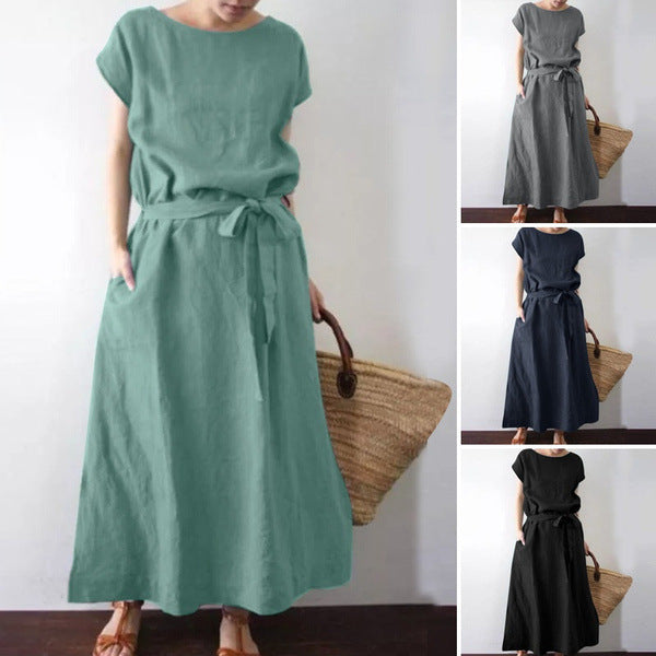 Bohemian Short Sleeve Round Neck Solid Color Cotton Linen Belt Long Dress