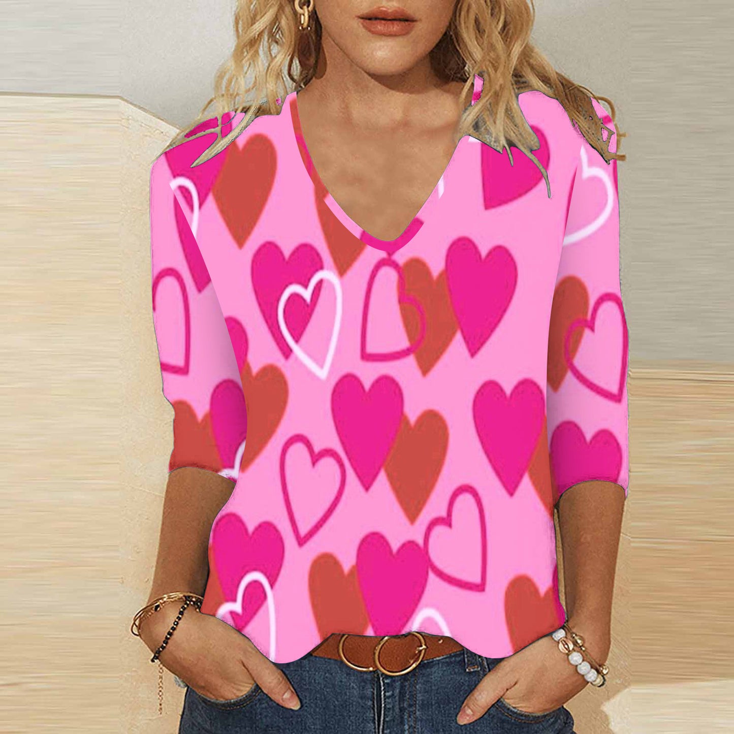 3d Digital Printing Valentine's Day Heart Printing Women's Cute Casual Loose V-neck 34 Sleeves T-shirt