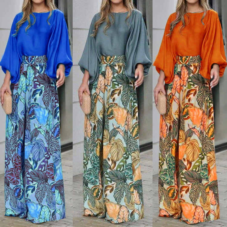 Two-Piece Set for Women Lantern Sleeve Printed Top and Wide Leg Pants