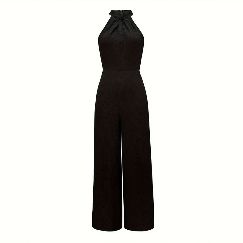 Elegant Solid Color Halter Sleeveless Long Jumpsuit - Commuter Style