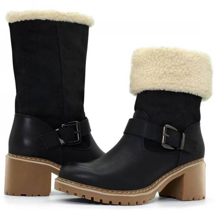 Women's Fashion Western Boots - Warm Winter Round Toe Boots with Buckle