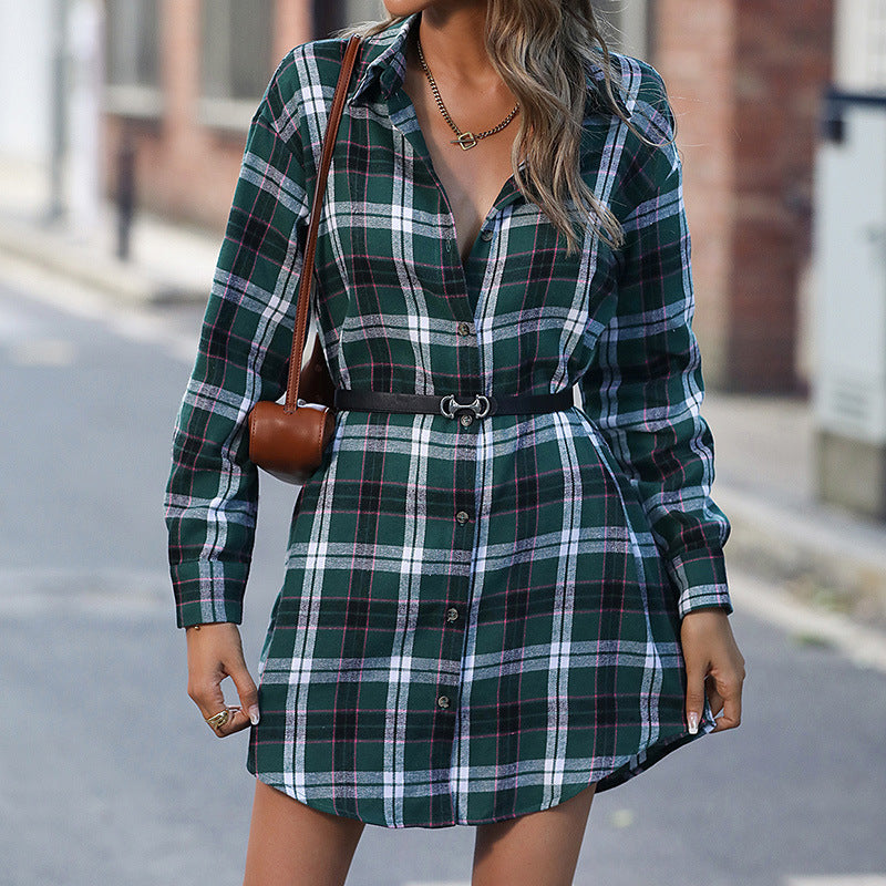 Women's Fashion Long Plaid Shirt Dress