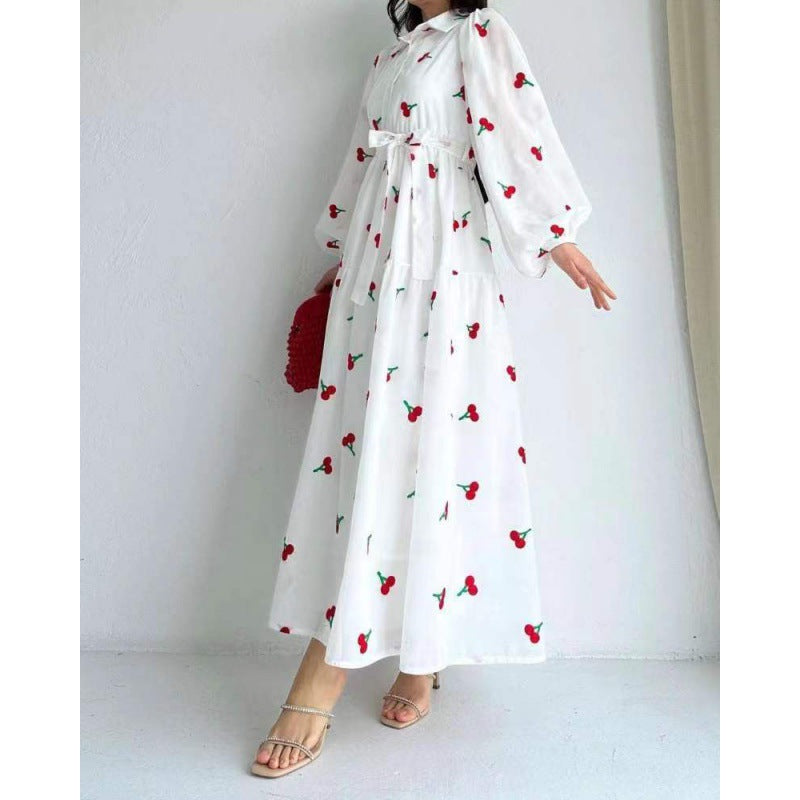 Fruit Printed Long Sleeve Waist-tight Middle East Dress