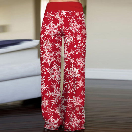 High Waist Christmas Printed Casual Trousers for Women with a Tie