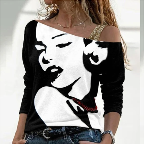 Fashion Casual Printed Trendy Diagonal Collar Top