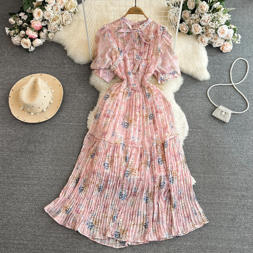 Bow Lace-up Waist A- Line Cake Floral Chiffon Dress