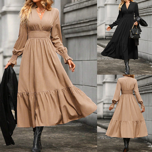 Women's V-neck Lantern Long Sleeve Fashion Dress