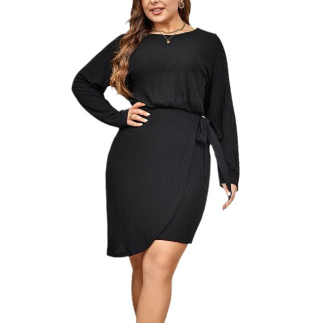 New Autumn Round Neck Long Sleeve Waist-controlled Lace-up Smooth Feeling Slimming Dress